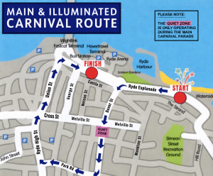 Route Map for Ryde Carnival's Main and Illuminated Parades